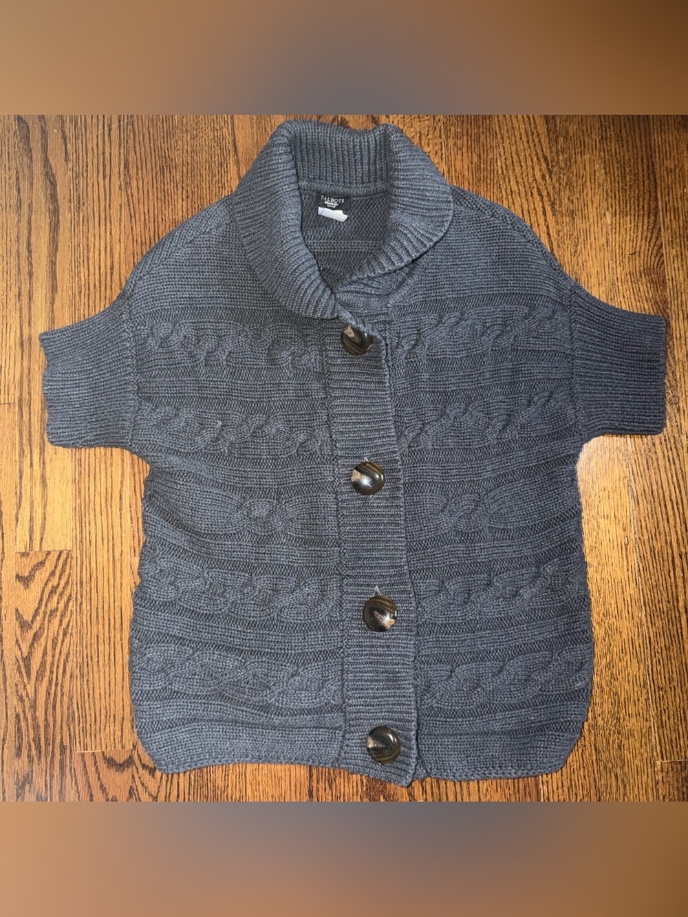 Talbots Petites Gray Short Sleeve Button Down Cable Knit Sweater Size Medium